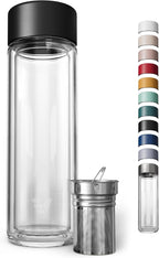 Glass Multi Tea Infuser Bottle 14oz - Double Wall Borosilicate Glass Flask | No Plastic Touches Contents | Perfect for Office or Home - Black