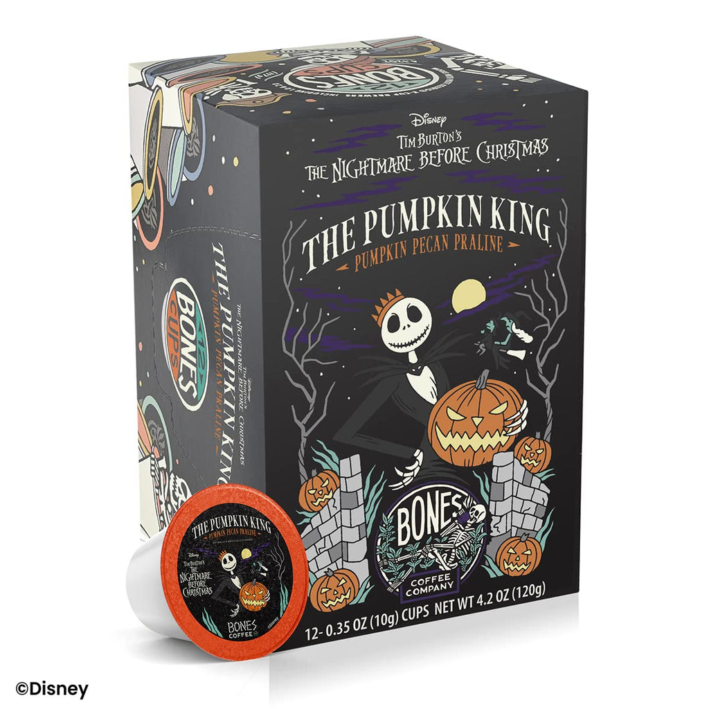 Bones Coffee Company Pumpkin King, Pumpkin Pecan Praline Flavored Coffee Pods, Low Acid Medium Roast Single-Serve Bones Cups for K-Cups Coffee Maker from The Nightmare Before Christmas, 12 Count