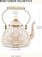 MACKENZIE-CHILDS Enamel Tea Kettle, Stylish Tea Kettle for Stovetop, Pink-and-White Rosy Check, 3 Quarts