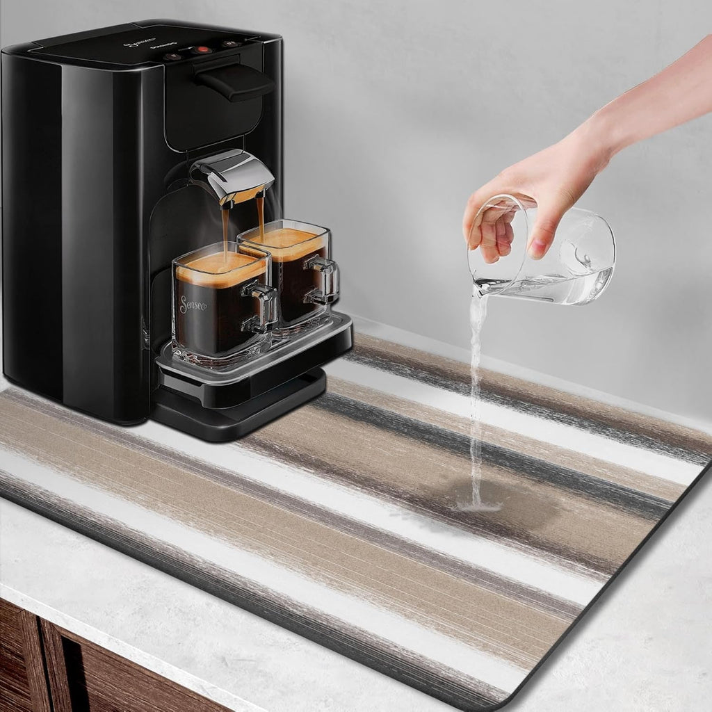 Arttown Coffee Mat for Countertops, Striped Abstract Tan Gray Retro Dish Drying Mat 2 Pcs for Kitchen Bar Accessories, Fit Under Coffee Maker Espresso Machine Dish Rack Hide Stain Rubber 12x19in