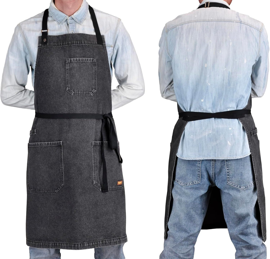 Cooking Apron with Pockets Mens Womens Professional Kitchen Bib Apron for Chef Grill BBQ (Black Denim -2)