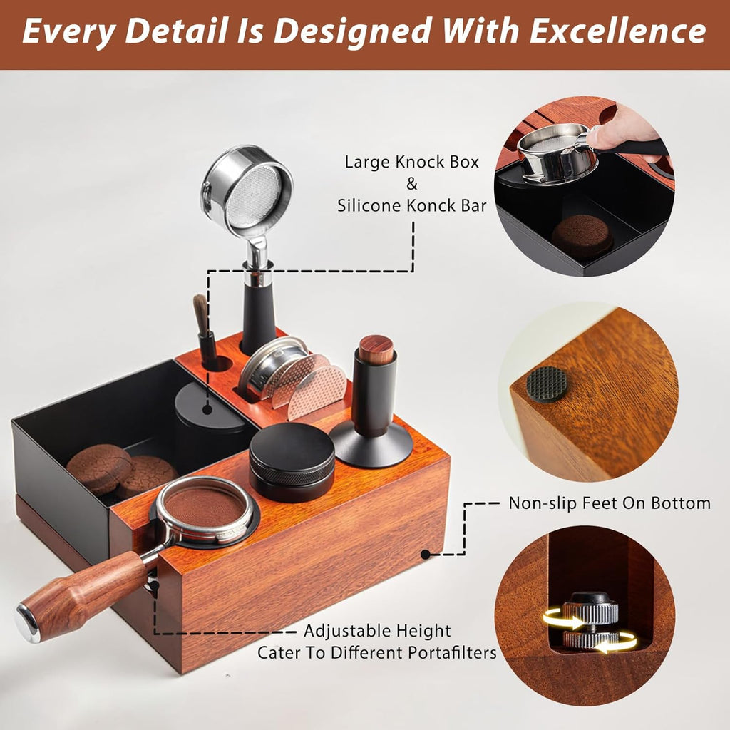 Espresso Tamping Station Knock Box - 9 in1 Espresso Knock Box And Tamp Station Coffee Organizer Fit for 51mm 53mm 54mm 58mm Espresso Tamper Distributor Portafilter Puck Screen Accessories Storage