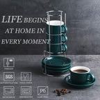 Sweejar Porcelain Espresso Cups with Saucers, 4 Ounce Stackable Cappuccino Cups with Metal Stand for Coffee Drinks, Latte, Tea - Set of 4 (Jade)