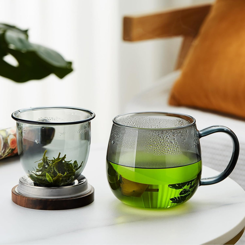 17 OZ Glass Tea Cup with Infuser and Lid, 500 ML Large Borosilicate Teacup, Clear Mug for Loose Leaf Tea, Blooming Tea, Tea Bags - Perfect Christmas or Birthday Gift for Women