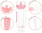 AquaFrut 32 OZ Fruit Infuser Water Bottle BPA-Free Fruit Infusion Sports Bottle - Flip Top Lid w Drinking Spout, Leak Proof, Made of Durable Tritan. Free Recipe eBook! (Rose)