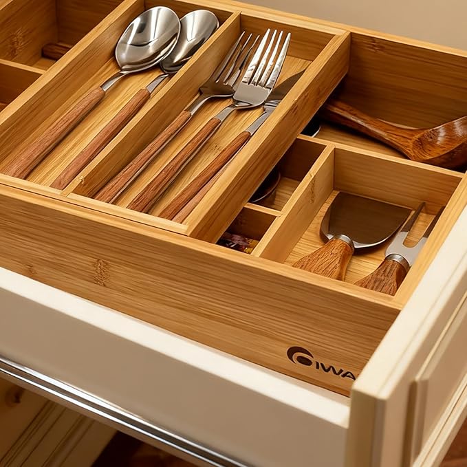 2-Tier Drawer Organizer with Removable Cutlery Tray Kitchen Utensil Silverware Drawer Organizer, Silverware Tray for Drawer Utensil Holder Bamboo Flatware Box for Utensils Stationery Cosmetics (M)