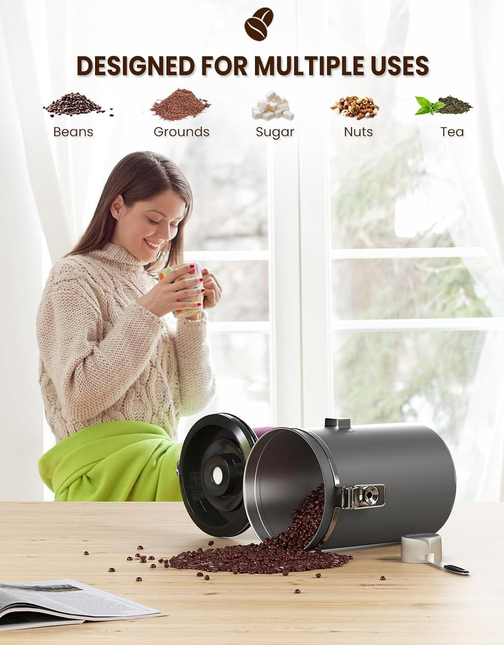 HAIOOU Large Coffee Canister, 38OZ Oversized Stainless Steel Coffee Bean Storage Container with Date Tracker, Measuring Scoop, CO2 Releasing Valves for Beans, Grounds and more - Gray