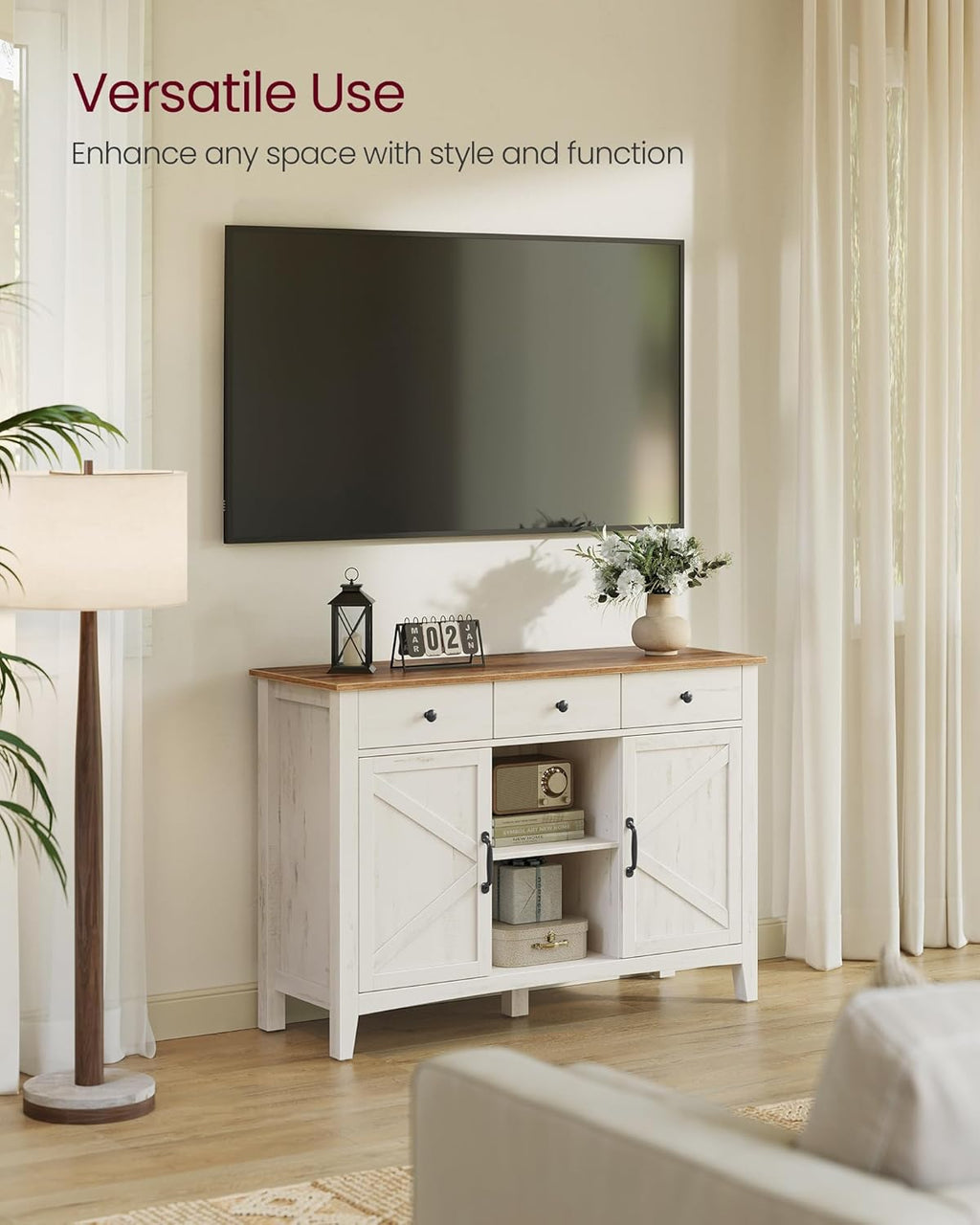 VASAGLE LIRY Collection - Buffet Cabinet, Coffee Bar Cabinet with 3 Drawers, Adjustable Shelves, Sideboard Storage with Cable Holes, Drawer Dividers, Rustic White and Honey Brown UBBK371W01V1