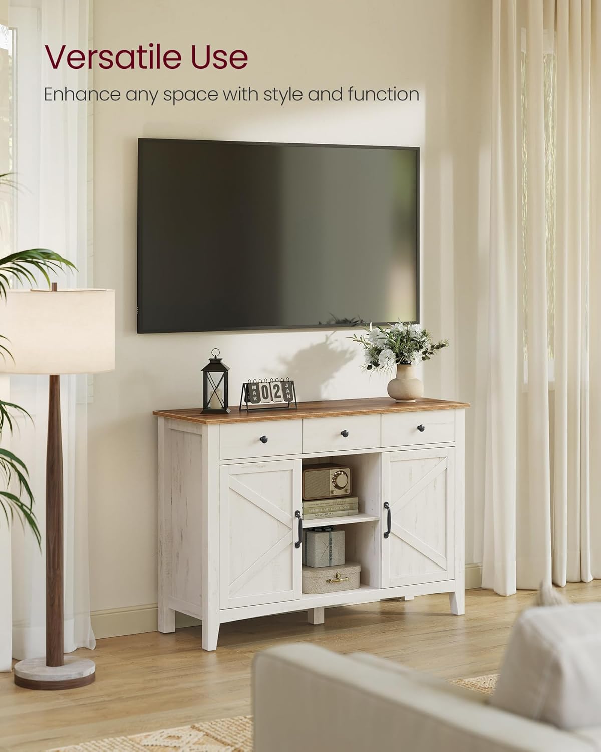 VASAGLE LIRY Collection - Buffet Cabinet, Coffee Bar Cabinet with 3 Drawers, Adjustable Shelves, Sideboard Storage with Cable Holes, Drawer Dividers, Rustic White and Honey Brown UBBK371W01V1