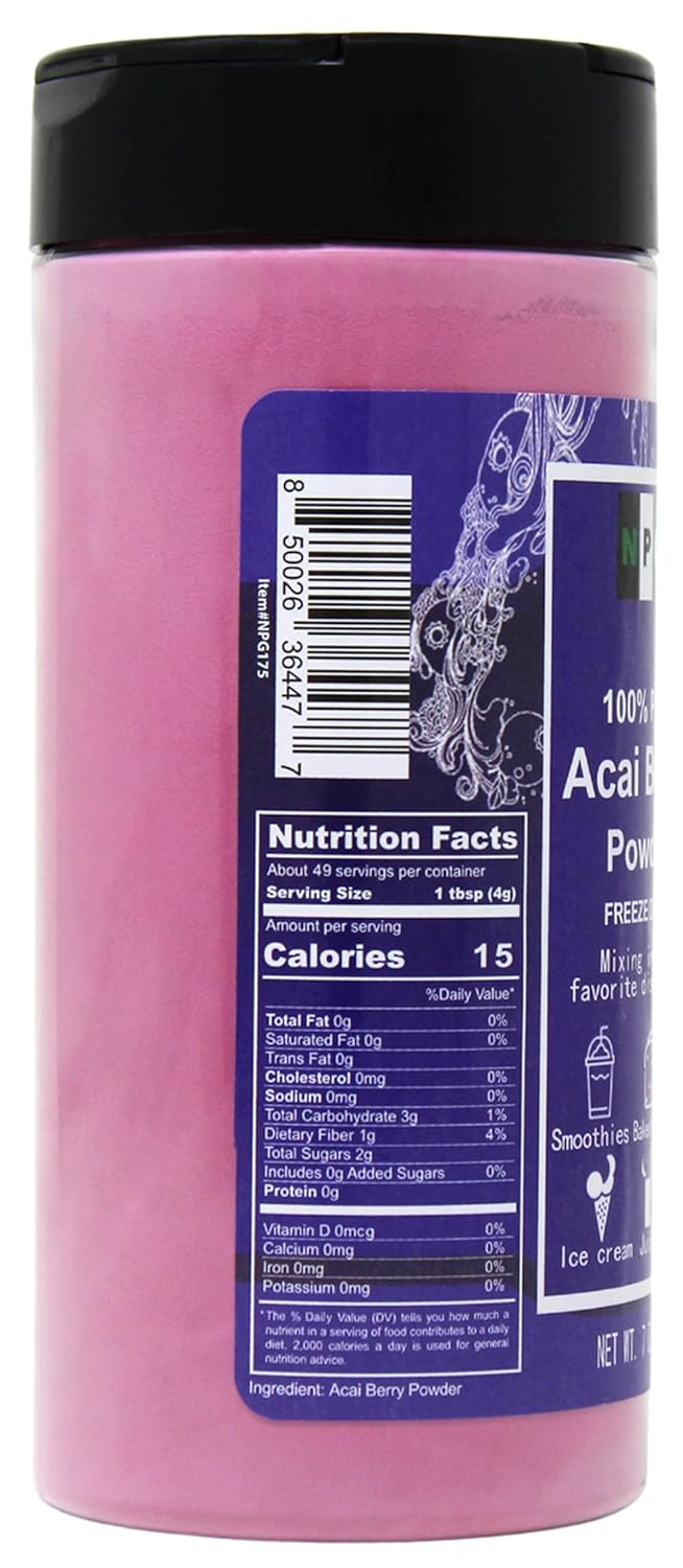 NPG Freeze-Dried Acai Berry Powder 7 Oz, Seedless Superfood with a Fine Powder Texture for Smoothies, Drinks, and Natural Food Coloring, Non-GMO, No Added Sugar, No Preservativesthi