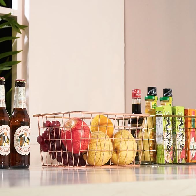 Wire Kitchen Storage Basket 4 Packs,Perfect Pantry Organization Accessories Basket,Laundry Baskets,Countertop Organization,Suitable for Kitchen,Bathroom,Bedroom,Tabletop,Stackable,Black