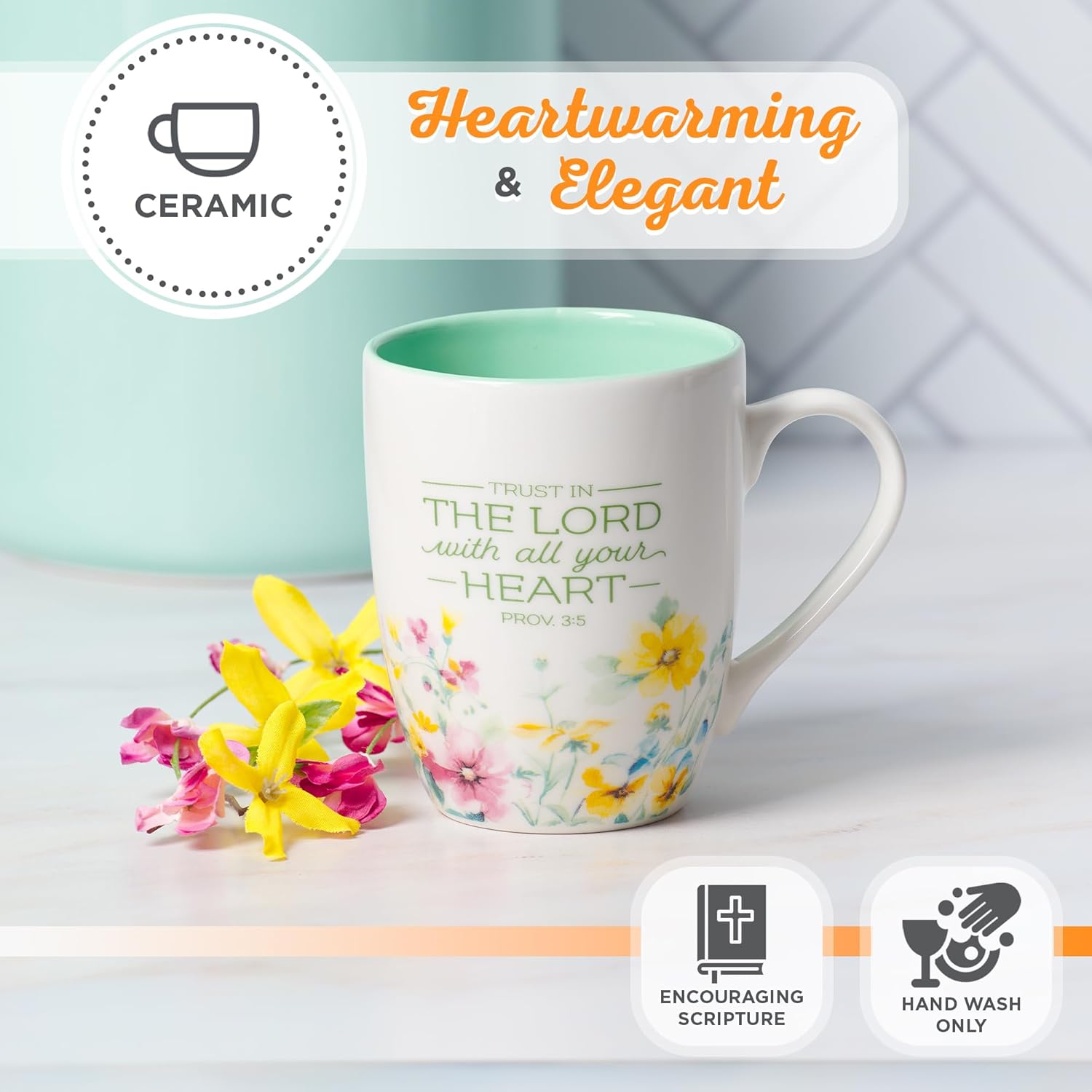 Christian Art Gifts Inspirational Ceramic Coffee & Tea Scripture Mug for Women: Trust in the Lord Encouraging Bible Verse, Microwave & Dishwasher Safe Lead-free, Multicolor Floral, Light Green, 12 oz.