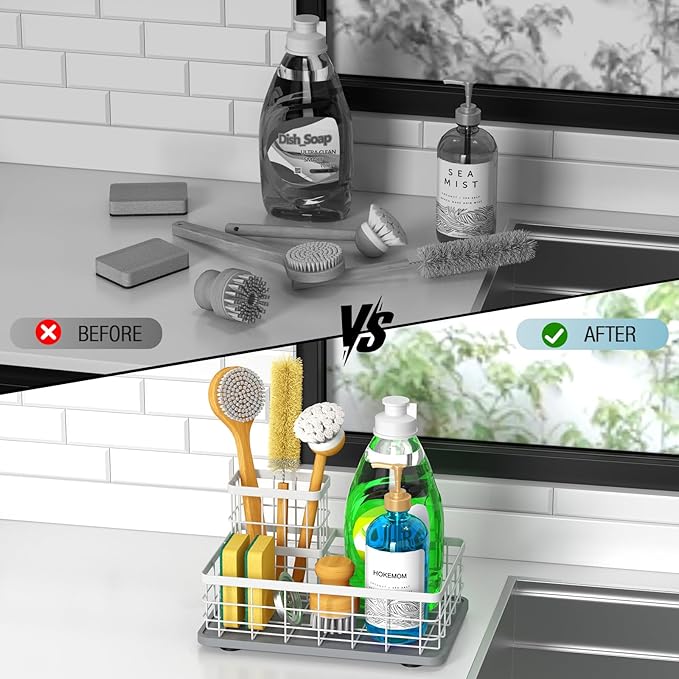 Large Family-Sized Sponge Holder for Kitchen Sink with Brush Holder - Drain-Free Non-Slip Base, 2.6mm Stainless Steel with White Rust-Resistant Coating-10.24"L x 6.5"W x 5.83"H Sink Organizer