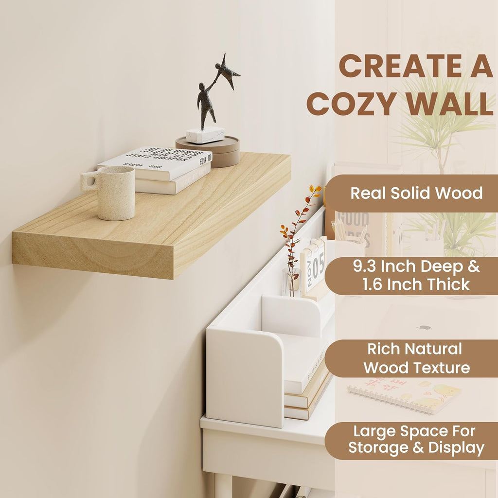 Floating Shelves24 Inch Long , 9 Inch Deep Floating Shelves for Wall, Solid Wood Floating Shelf, Deep Wall Shelves for Living Room, Bathroom, Kitchen, 24"W x 9.3"D x 1.6"H, Burlywood, Set of 2