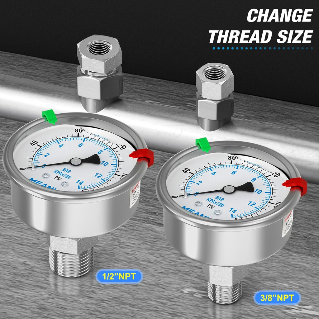 MEANLIN MEASURE 0~200Psi Stainless Steel Liquid Filled Pressure Gauge 2.5" FACE DIAL 1/4" NPT for Air Compressor Air Regulator Water Filter Back Mount with Stainless Steel Hex Bushing and Snaps
