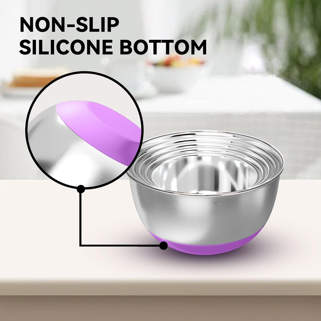 Stainless Steel Mixing Bowls with Lids – Set of 5 Large Nesting Metal Bowls for Kitchen, Baking, Cooking, Food Prep & Storage, Non-Slip Base, Dishwasher Safe, Multicolor