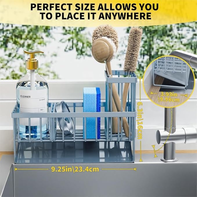 Cisily Sink Caddy Organzier with High Brush Holder, Sponge Holder for Sink, 304 Rustproof Stainless, Kitchen Countertop Soap Dispenser Organizer, Gray Blue Kitchen Decor and Accessories