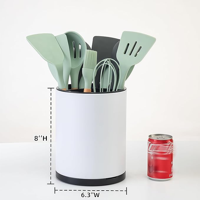 Kitchen Utensil Holder Extra Large 360°Rotating For Counter Organizer Stainless Steel Storage Cooking Silverware Caddy 3 Compartment Flatware Spoon Spatula Tool Cutlery Container（White）