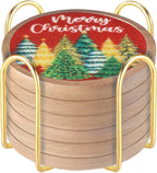 Christmas Tree Coasters for Drinks with Holder, Minacun Absorbent Coaster Set of 6, White Elephant Gifts, Secret Santa Gifts, Xmas Decor, Drinks Coasters for Coffee Tabletop Protection, 4.3 Inches