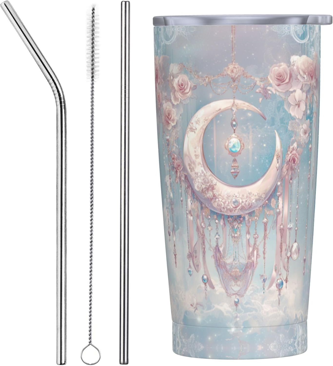 Moon Tumbler with Lid and Straw 20oz Coffee Tumblers Leakproof Stainless Steel Travel Mug Vacuum Insulated Cup for Iced and Hot