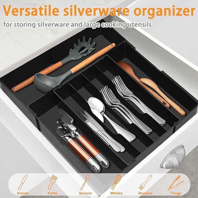 Homecor Silverware Organizer - Expandable Kitchen Drawer Organizer, 3" High Utensil Holder, BPA Free Flatware and Cutlery Tray for Spoons Forks Knives, Plastic Kitchen Organizer and Storage, Black