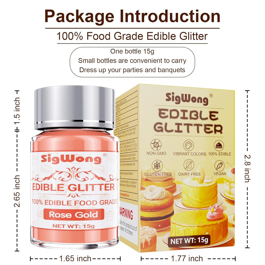 Rose Gold Edible Glitter - 15g Food Grade Luster Dust Powder, Cake Decorating Sprinkle Glimmery Dust for Drinks, Wine, Fondant, Chocolate, Candy, Cookie, Vegan