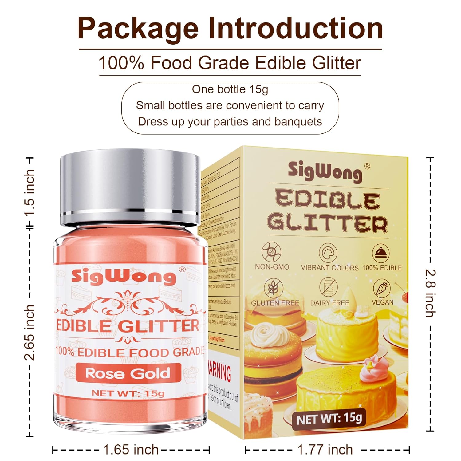 Rose Gold Edible Glitter - 15g Food Grade Luster Dust Powder, Cake Decorating Sprinkle Glimmery Dust for Drinks, Wine, Fondant, Chocolate, Candy, Cookie, Vegan