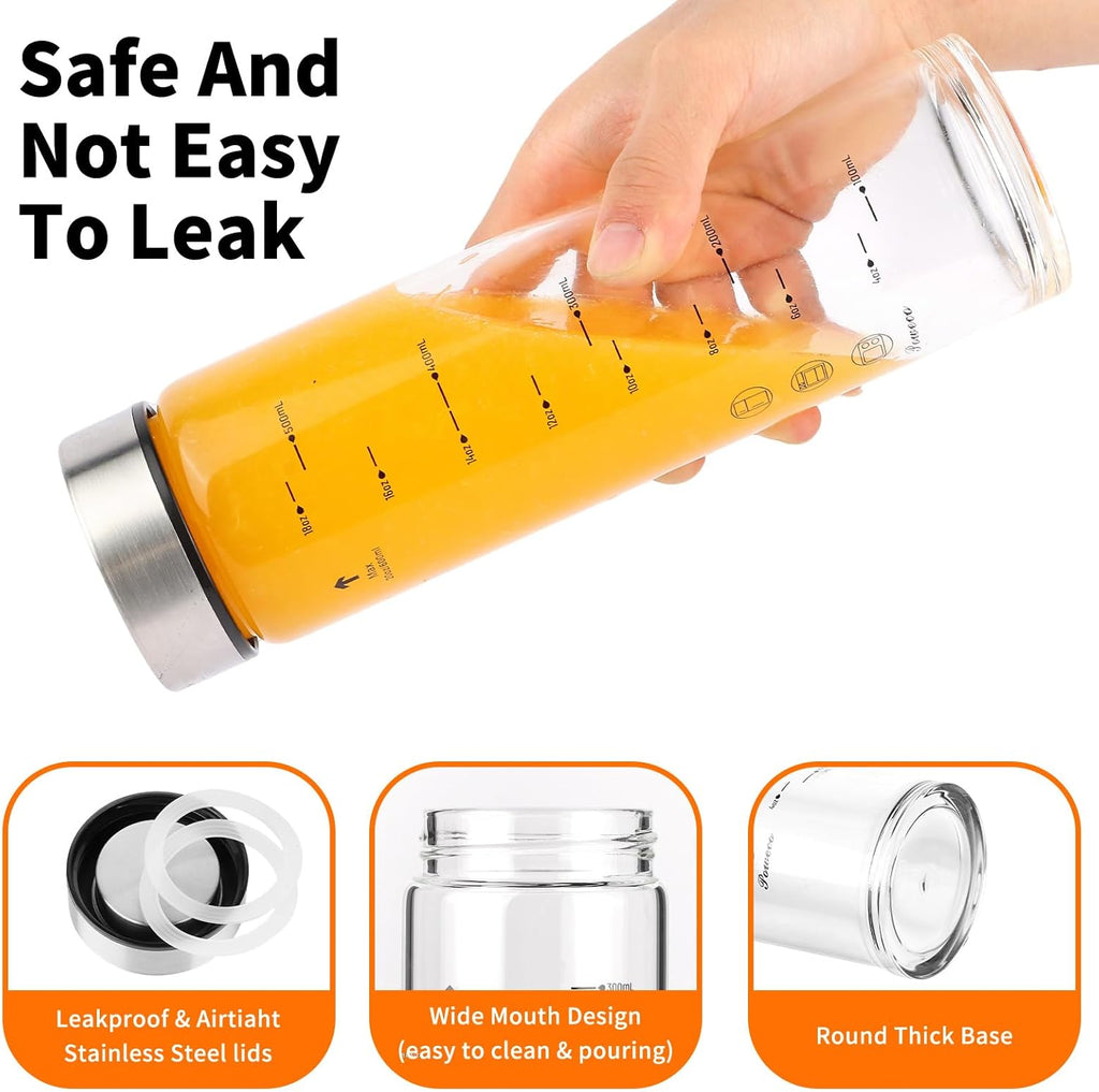 Glass Juice Bottles 4 Pack 16 oz - Wide Mouth Glass Water Bottles with Lids - for Juicing, Protein, Smoothie, Milk, Reusable, BPA Free, Stainless Steel Lids, Blender, Shaker Bottle [16oz/500ml]