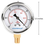 Glycerin Filled Vacuum Pressure Gauge, 2-1/2" Clear dial,1/4" NPT Bottom Connection, Stainless Steel Case, Brass Movement, Dual Scales -30inHg/-1BAR-0