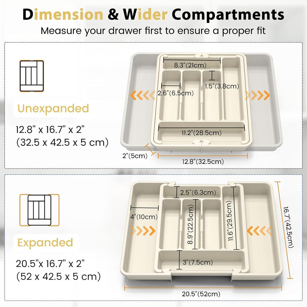 Caperci Large Silverware Organizer for Kitchen Drawer & Utensils - Expandable Drawer Organizer for Cutlery, Flatware & Gadget, BPA-Free Thick Plastic, Wider Compartments & Non-skid Feet (Tofu)