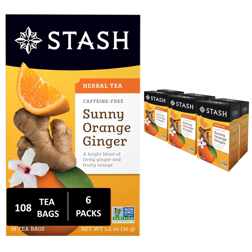 Stash Tea Sunny Orange Ginger Herbal Tea - Naturally Caffeine Free, Non-GMO Project Verified Premium Tea with No Artificial Ingredients, 18 Count (Pack of 6) - 108 Bags Total