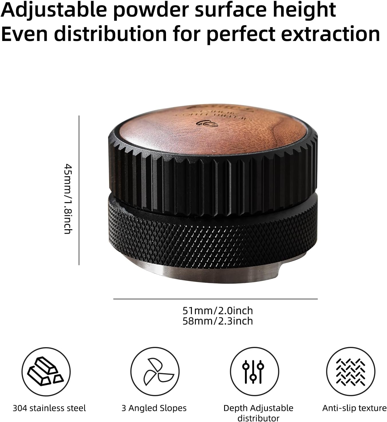 Bincoo 58mm Espresso Distributor Hand Tamper - Adjustable Coffee Leveler Tool for 58mm Portafilter, Walnut Wood Lid, 3-Slope Base Adjustable Depth Espresso Distributor for Barista(58MM Black)