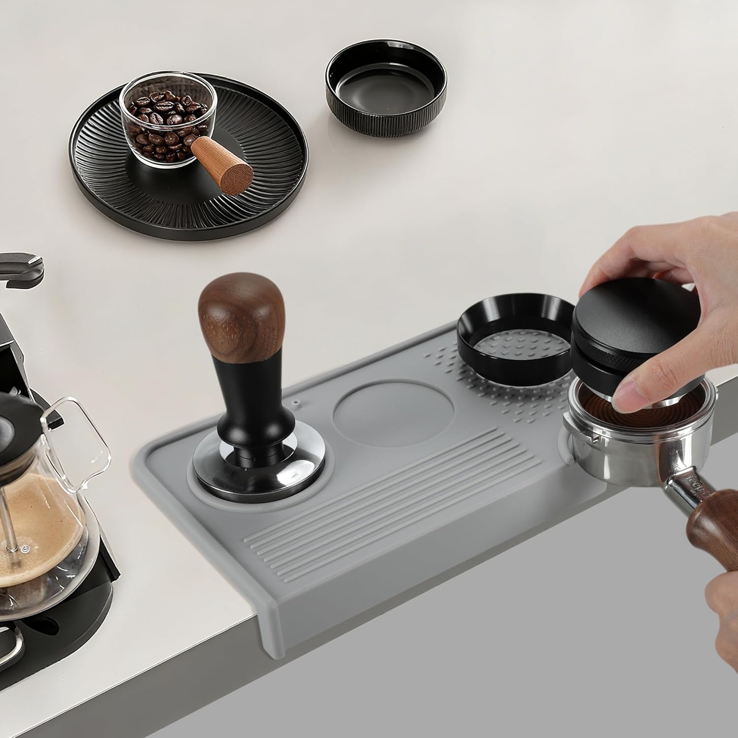 VOCOSTE Espresso Tamping Mat, Non-Slip, Prevents Portafilters from Damaging the Counter, Silicone 10.43"x5.51" Coffee Tamper Mat for Barista Espresso Machine Accessories, Grey