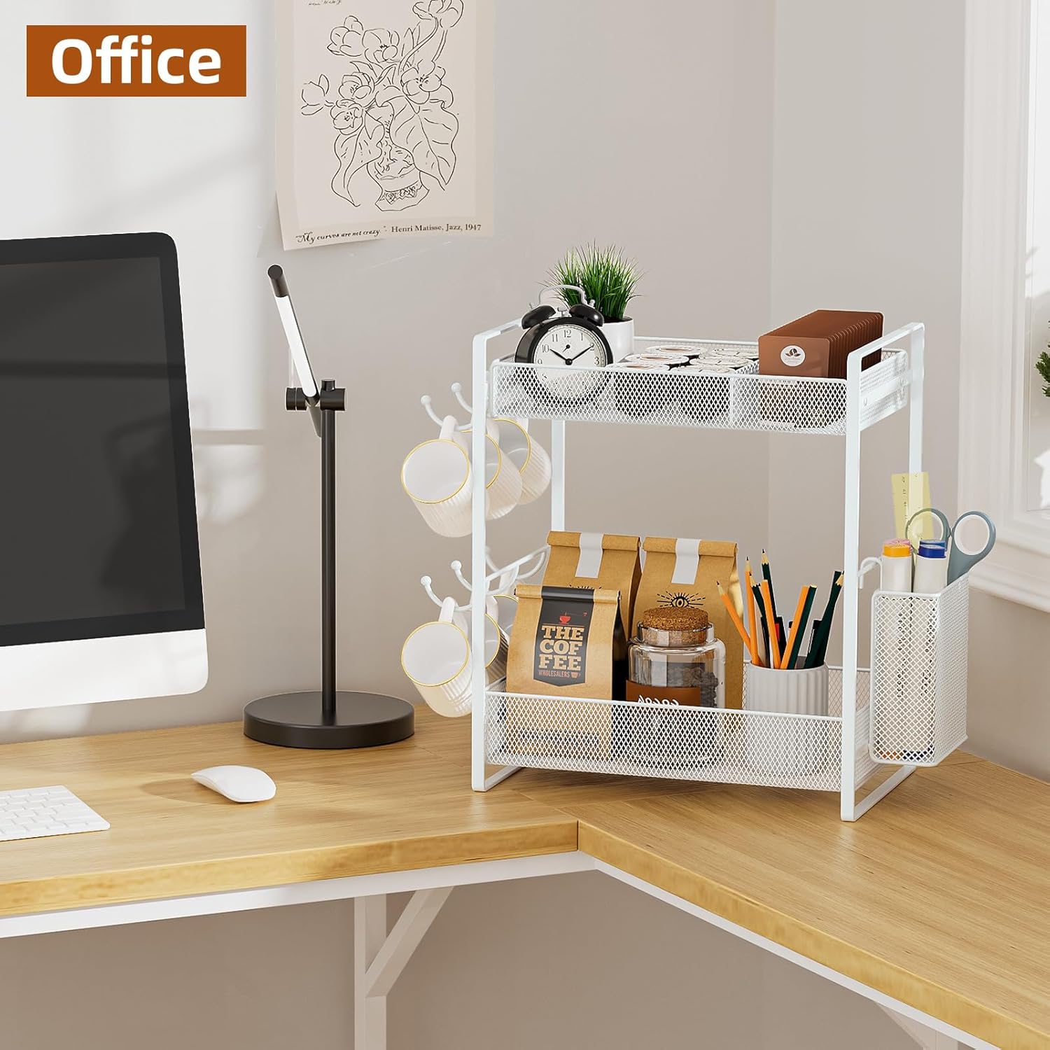 VITVITI Coffee Bar Organizer with Mug Holder, Metal Coffee Station Organizer for Countertop, 2 Tier Cup Mug Holders Rack with Basket for Kitchen Office, Black