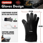Walfos Silicone BBQ Gloves - Heat Resistant Grilling Gloves, Premium Non-Slip Kitchen Silicone Oven Mitt With Protective Cotton Layer Inside, Waterproof, Great for Grilling, Kitchen and Cooking, Black