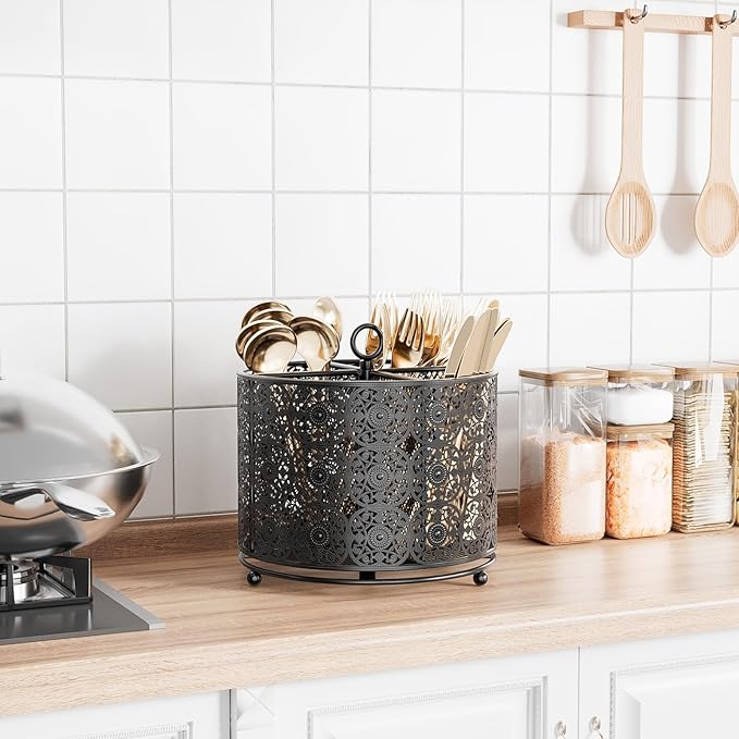 360° Rotating Utensil Caddy Countertop - Cutlery Silverware Caddy Holder with 4 Compartment - Higher Raised Flatware Organizer with Handle for Party Kitchen Counter Office Black