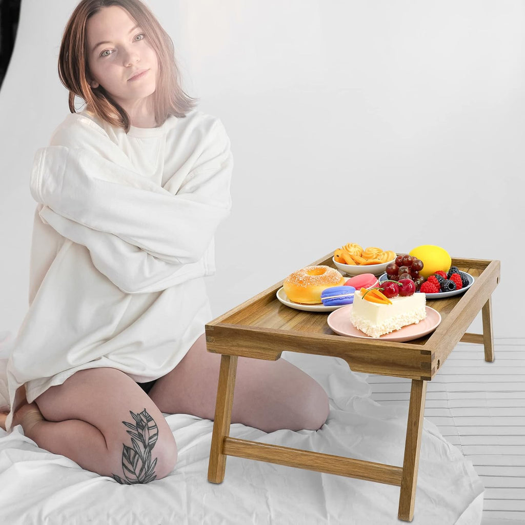 VaeFae Acacia Bed Table Tray, Wooden Breakfast Tray with Folding Legs, Bed Tray for Eating and Laptop, Eating Trays for Bedroom (Large Size)