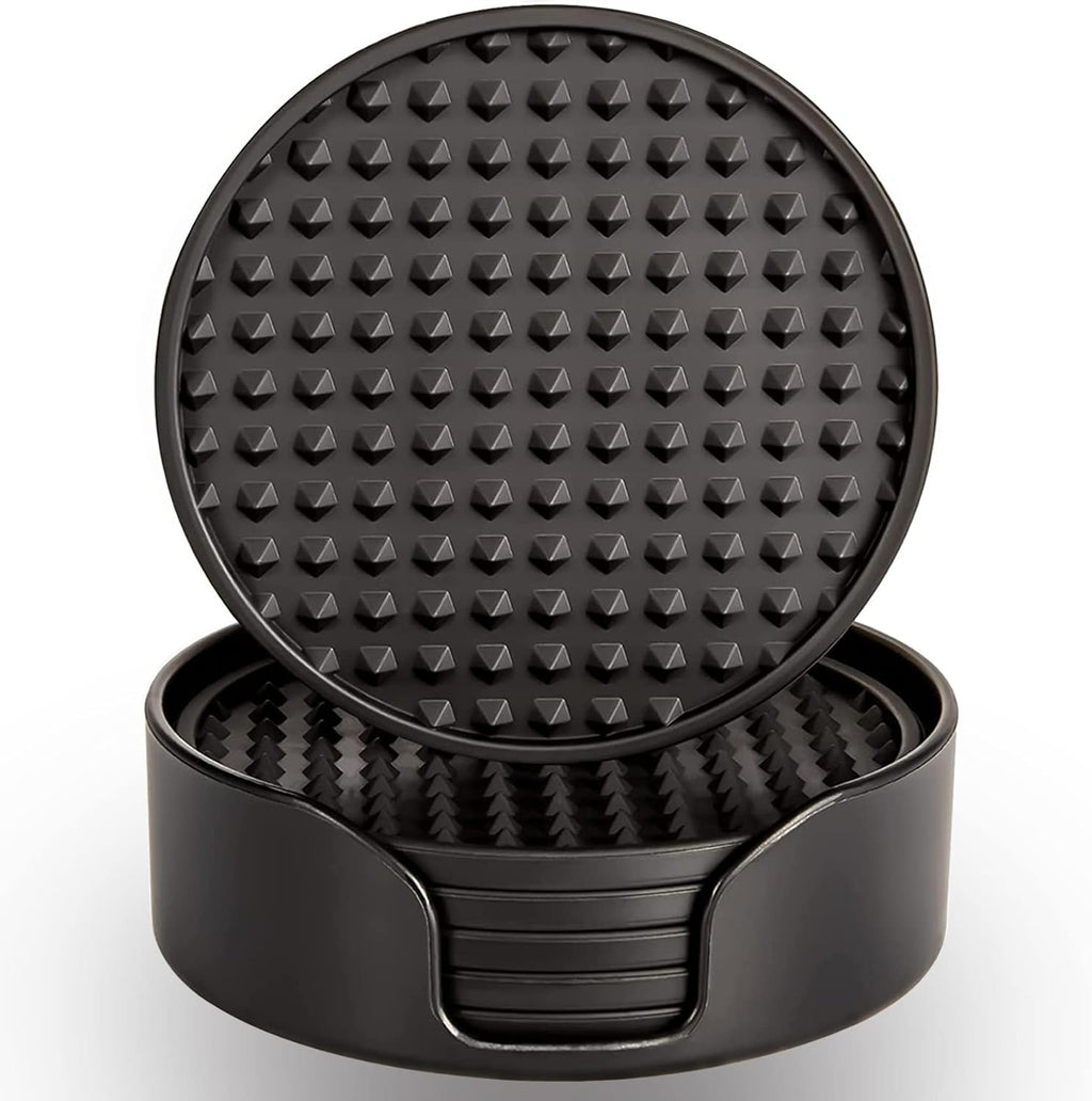 Coasters for Drinks 6 Pcs Drink Plastic Coaster with Holder,Heat Resistant Silicone Cup Mat Tabletop Protection,Non-Slip Rubber Coasters for Kinds of Cups (Black)