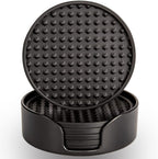 Coasters for Drinks 6 Pcs Drink Plastic Coaster with Holder,Heat Resistant Silicone Cup Mat Tabletop Protection,Non-Slip Rubber Coasters for Kinds of Cups (Black)