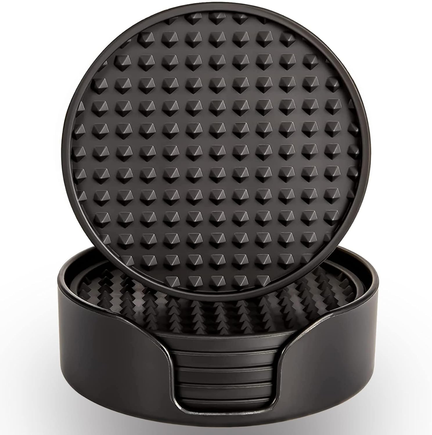 Coasters for Drinks 6 Pcs Drink Plastic Coaster with Holder,Heat Resistant Silicone Cup Mat Tabletop Protection,Non-Slip Rubber Coasters for Kinds of Cups (Black)