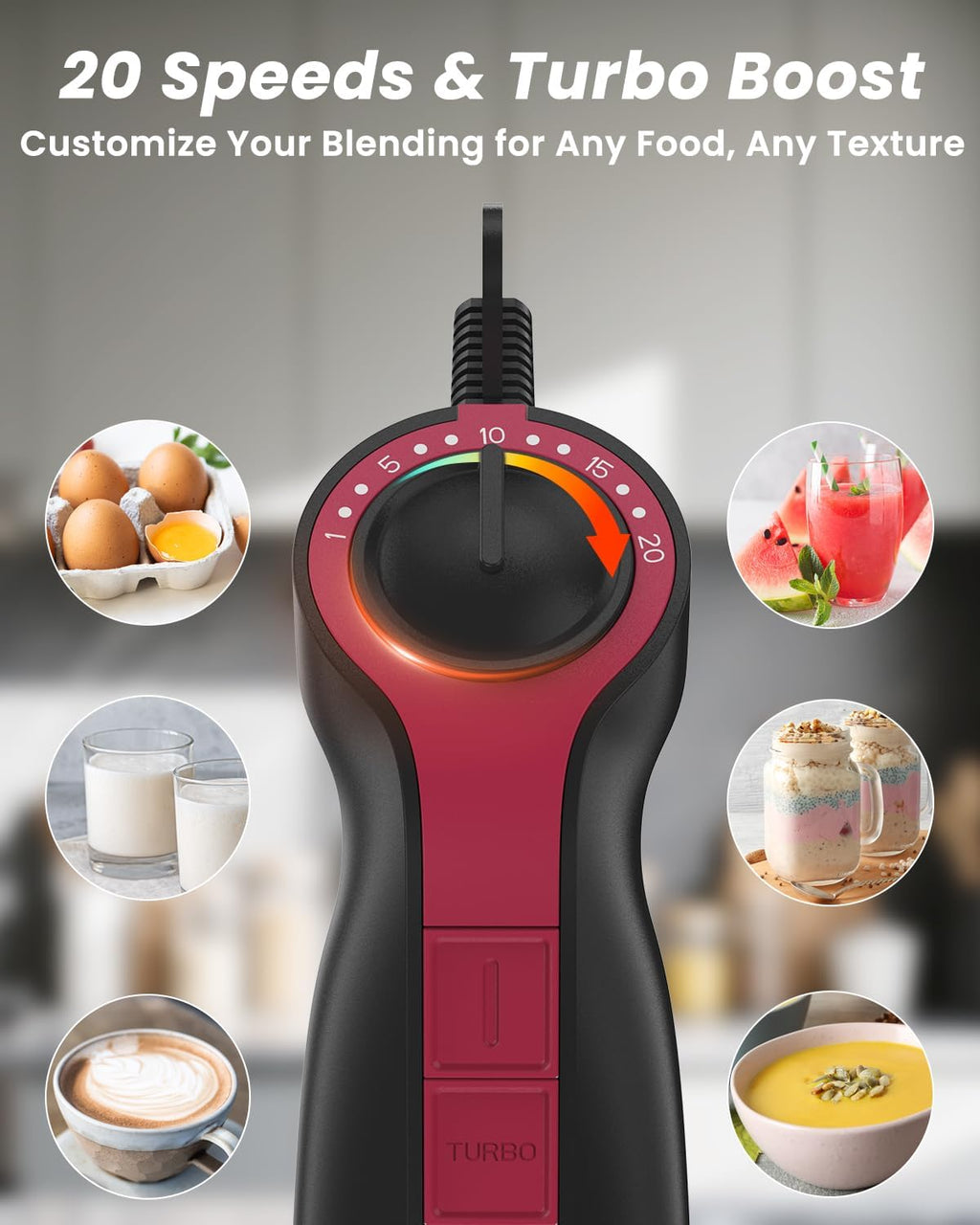 Immersion Blender Handheld 1000W, 3 in 1 Stick Hand Blenders for Kitchen with 20 Variable Speeds & Turbo, 304 Stainless Steel with Electric Whisk & Milk Frother Attachments for Soup, Puree & Emulsion
