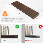 Floating Shelves for Wall, 31.5"W x 6.7"D x 1.5"H, Wooden Wall Mounted Display Shelves with Invisible Brackets for Living Room, Bedroom, Bathroom, Kitchen Decor and Storage, Set of 2, Walnut