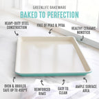 GreenLife 13" x 9" Quarter Sheet Baking Pans, 2 Piece Bakeware Set, PFAS-Free Ceramic Nonstick Rectangular Cookie Trays, Oven Safe to 450°F, Even Heating, Easy Clean Ovenware, Turquoise