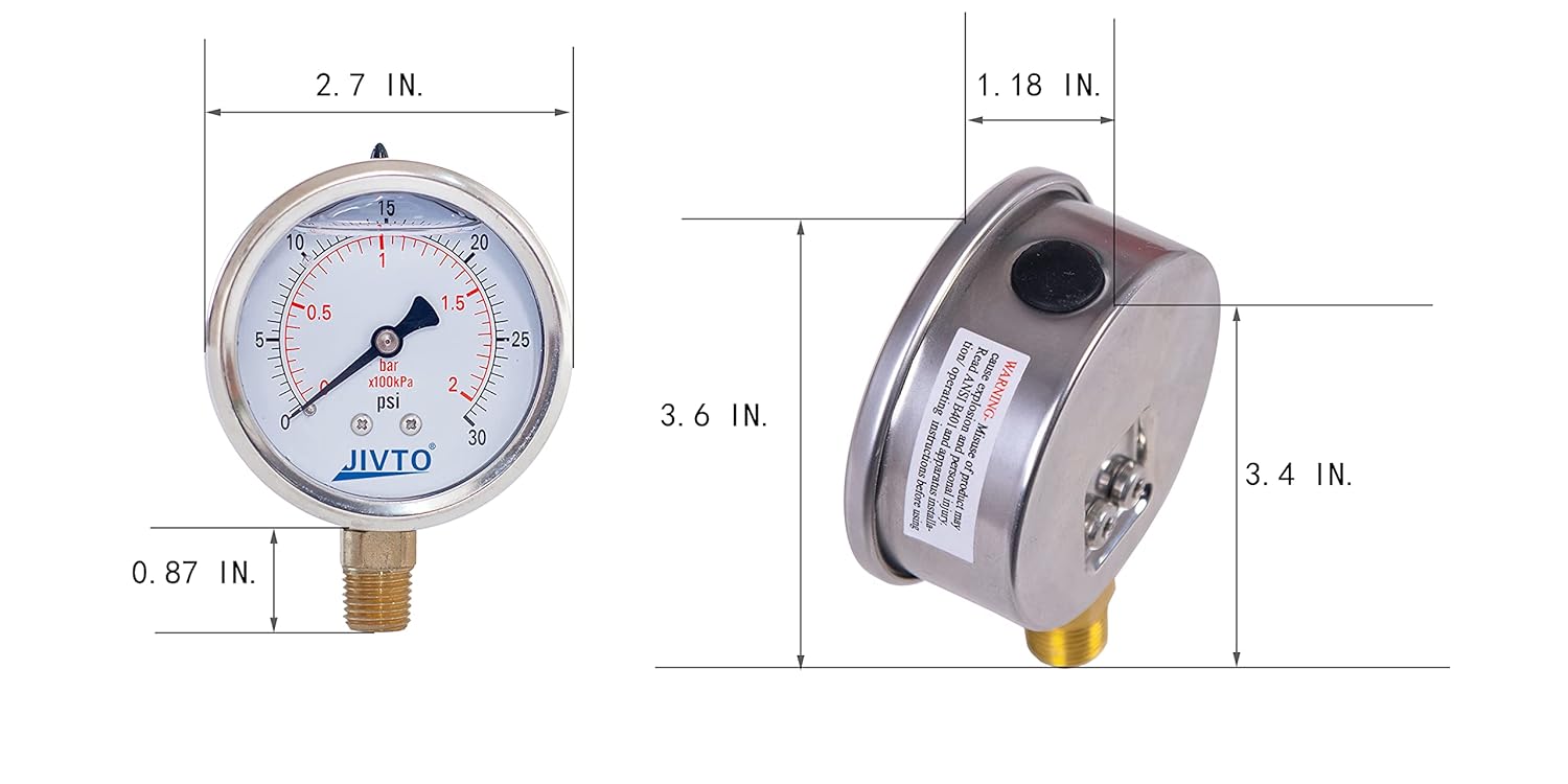 Pressure Gauge,Glycerin Liquid Filled,2-1/2" Dual Scale Dia,0-30 psi/bar/kpa,1/4" NPT Male Brass Connection,Lower Mount, Stainless Steel Case,for Pneumatic,Pump,Hose,Well Tank,Gas Air Water Oil