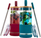 Pandaloo® Glass Cups With Lids and Straws -20 Fl Oz- Perfect Size Iced Coffee Cup - Smoothie Cup With Bamboo Lid and On the go Lid - Glass Tumbler (2 Count (Pack of 1), Boysenberry-Intense Teal)
