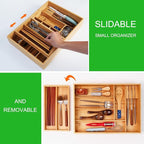 Double Layer Bamboo Kitchen Drawer Organizer Cutlery Utensil Silverware Drawer Organizer, Silverware Tray for Drawer Removable Utensil Holder Flatware Organizer Multi-use Storage Box (L)