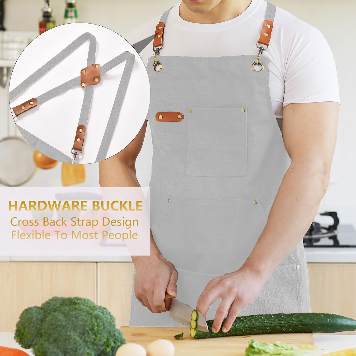 Canvas Aprons for Men Chef Apron, Work Apron with Large Pockets - 16oz Heavy Duty Cross Back, BBQ, Cooking