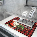 Merry Christmas Santa Claus Red Buffalo Plaid Dish Drying Mat for Kitchen Counter,Winter Snowflake Xmas Tree Drying Mat 18 x 24 Inch with Absorbent Reversible Microfiber Dish Drying Pad for Coffee Bar