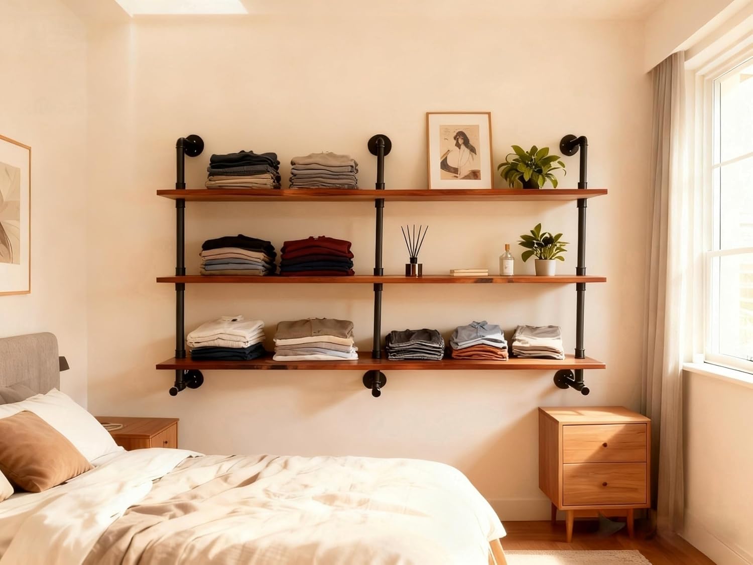 Industrial Pipe Wall Shelves Pipe Shelving,Natural Wood 60 Inches Long Walnut Floating Shelves for Wall Farmhouse Pipe Book Shelves for Kitchen,Living Room, Bar Shelving