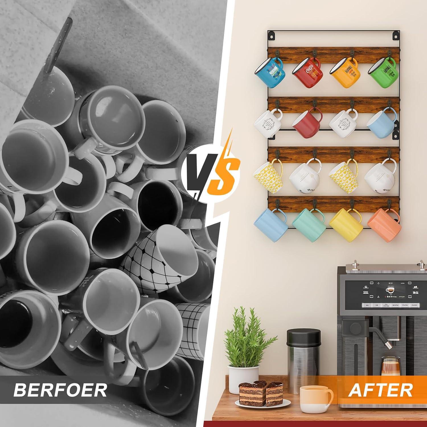 Coffee Mug Holder Rack Organizer - Wall Mounted Rack to Hold Up to 16 Mugs (2Pack), Rustic Wood Cup Organizer Rack & Display Shelf for Kitchen, Coffee Bar, Home, Office